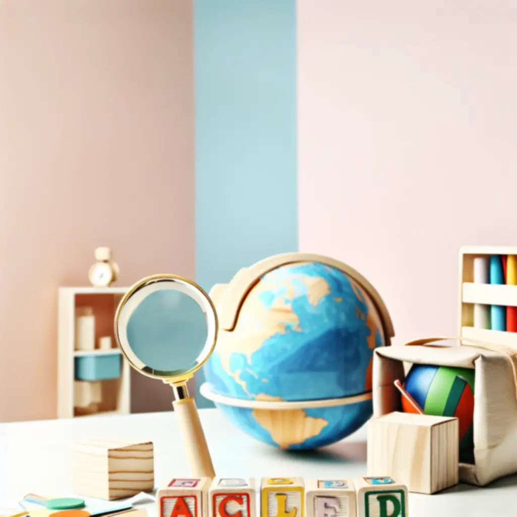 Zestaw popularnych zabawek edukacyjnych ułożonych na kolorowym tle