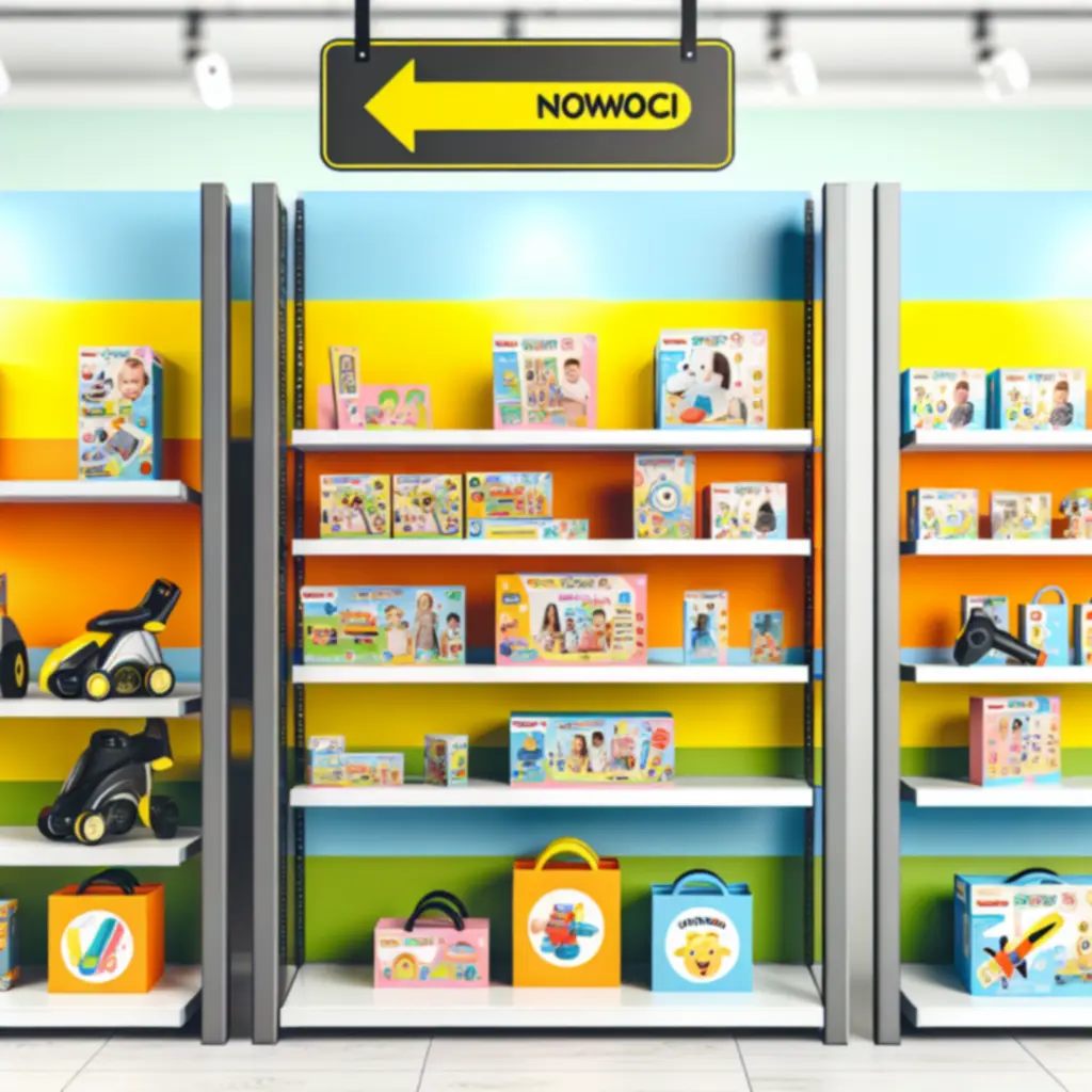 Półki sklepowe z kolorowymi nowościami dla dzieci