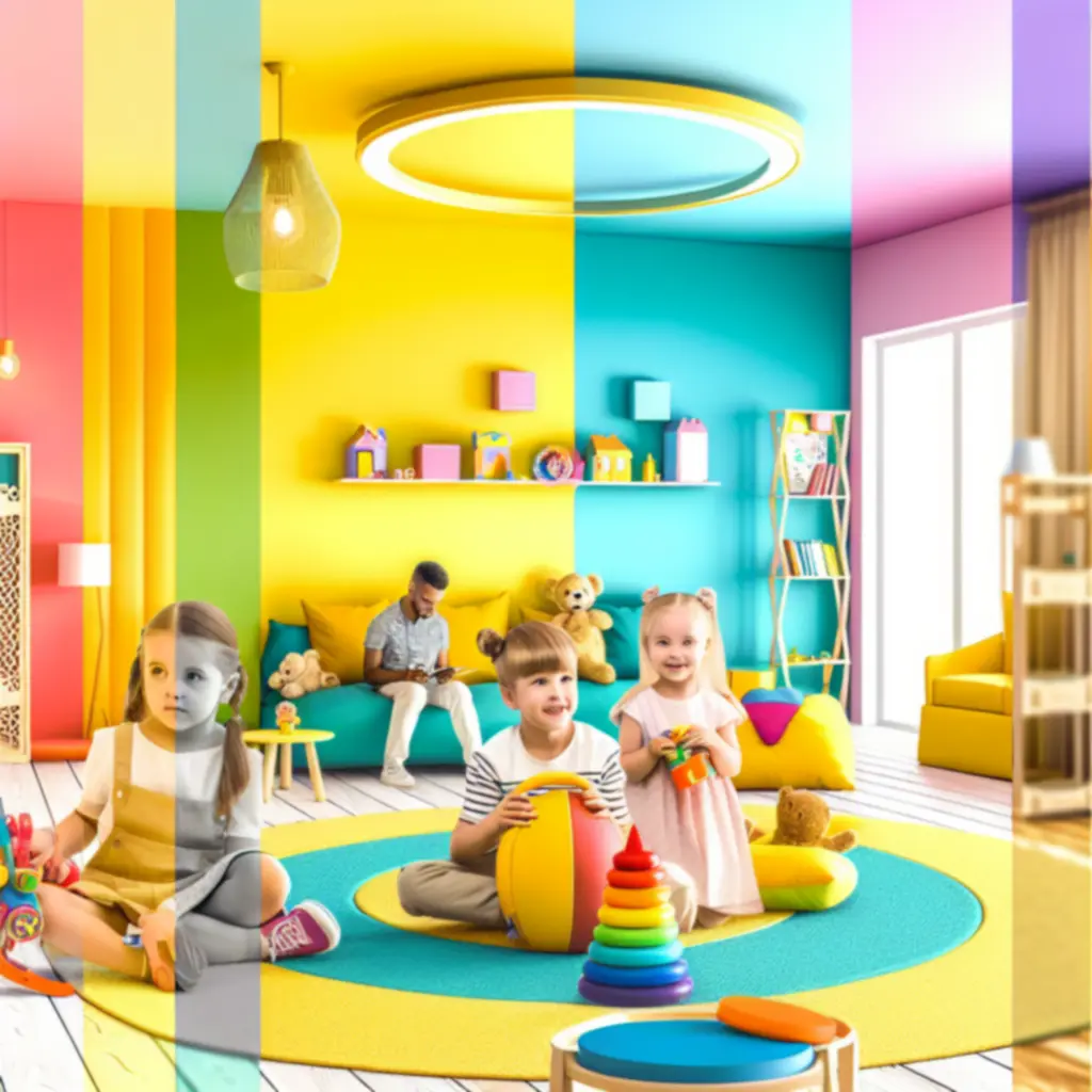 Kolorowy pokój zabaw z zabawkami i produktami dziecięcymi